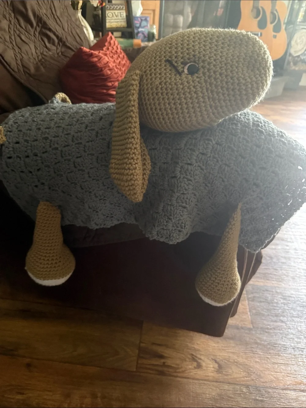 Handmade Crochet Dog Pillow Plush in Gray and Tan - Pet Decor